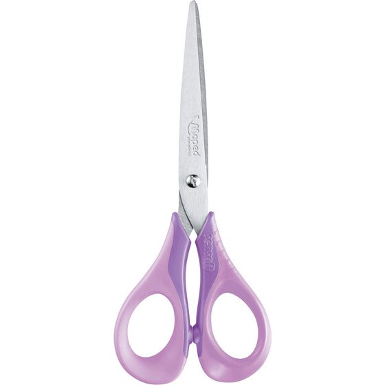 Maped Sensoft 16cm scissors with lilac pastel handles and a pointed stainless steel blade stamped with the Maped logo