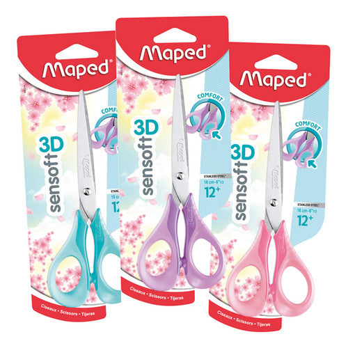 Three Maped Sensoft 16cm scissors on blister cards in aqua, lilac and pink pastel handles, each card marked 3D sensoft