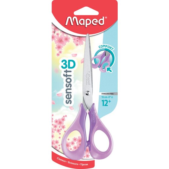 Maped Sensoft scissors on a blister card with a cherry blossom design, marked stainless steel, 16 cm and 12+