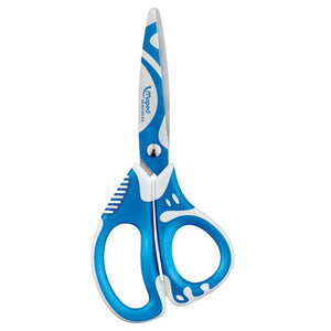 Maped Zenoa Fit 13cm scissors with blue and white handles, a ribbed grip strip and a rounded stainless blade printed with a blue swirl