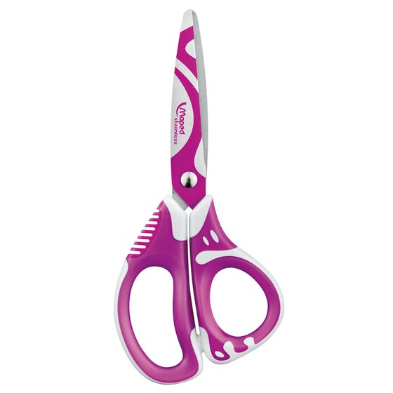 Maped Zenoa Fit 13cm scissors with pink and purple handles and a rounded tip blade printed with a pink swirl pattern