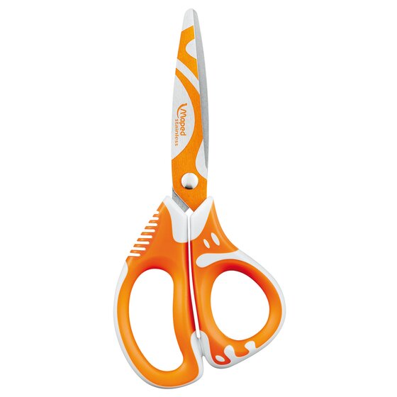Maped Zenoa Fit 13cm scissors in orange and white with a ribbed grip strip and an orange swirl on the rounded blade