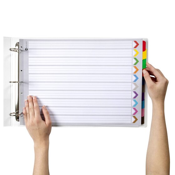 Hands turning a coloured tab in a Marbig 10 tab A3 landscape divider set filed in a white 3 ring binder
