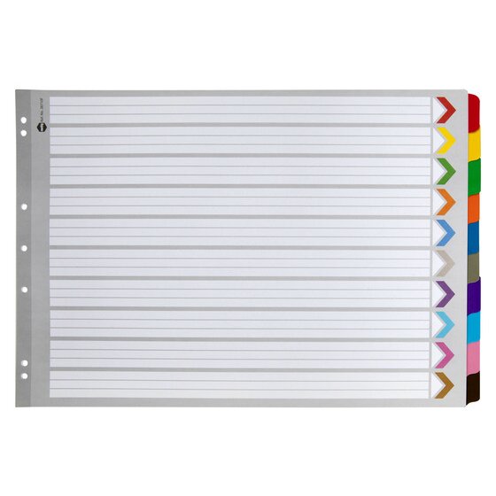 Marbig 38710F A3 landscape divider set in grey manilla board with ten coloured reinforced tabs on the short edge and white write-on panels