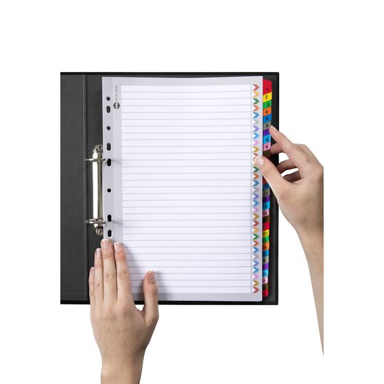 Hand turning a numbered coloured tab in a Marbig 1 to 31 reinforced divider set filed in a black 2 ring binder
