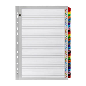 Marbig 35028F A4 divider set in grey manilla board with 31 coloured reinforced tabs numbered 1 to 31 down the right edge