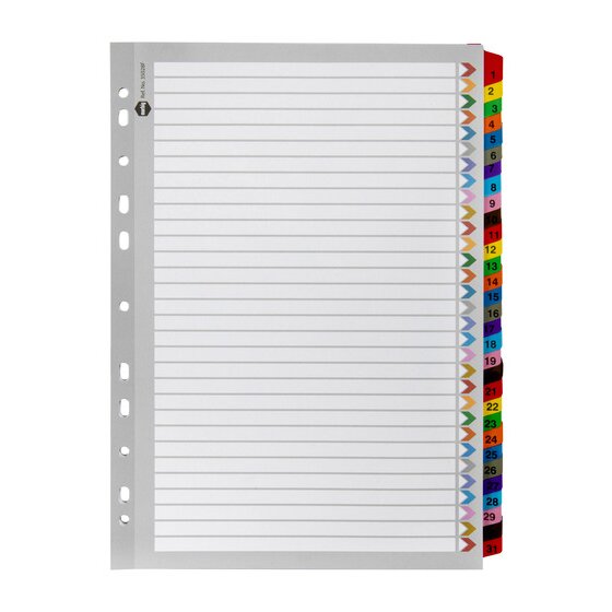 Marbig 35028F A4 divider set in grey manilla board with 31 coloured reinforced tabs numbered 1 to 31 down the right edge