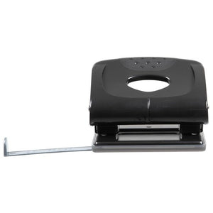 Front view of the black Marbig 88026A 2 hole punch with an oval thumb hole in the head and the paper guide bar extended to the left