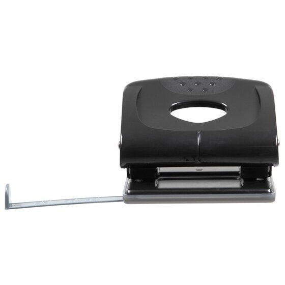 Front view of the black Marbig 88026A 2 hole punch with an oval thumb hole in the head and the paper guide bar extended to the left