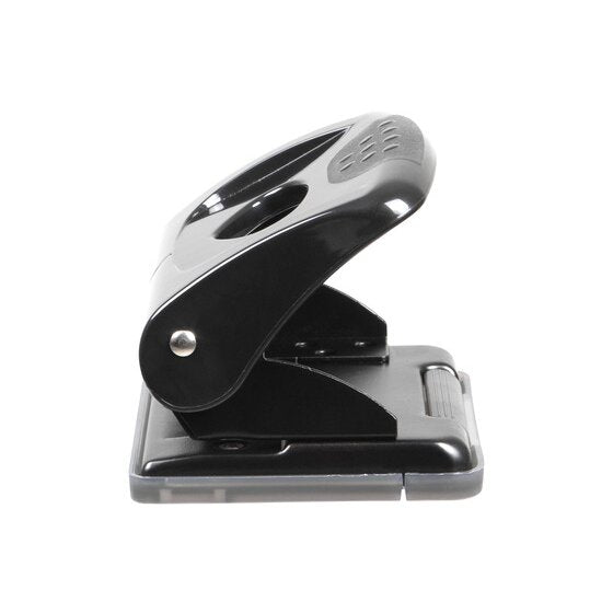Side view of the black Marbig 88026A 2 hole punch with the head raised on its silver pivot above a grey base tray