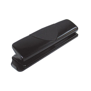 Long black desk hole punch with a curved top plate and a dark shaped insert, angled three quarter view