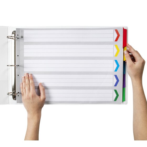 Hands turning a coloured tab in a Marbig 5 tab A3 landscape divider set filed in a white 3 ring binder
