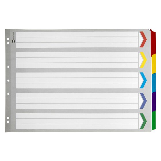 Marbig 38705F A3 landscape divider set in grey manilla board with five coloured reinforced tabs in red, yellow, blue, purple and green