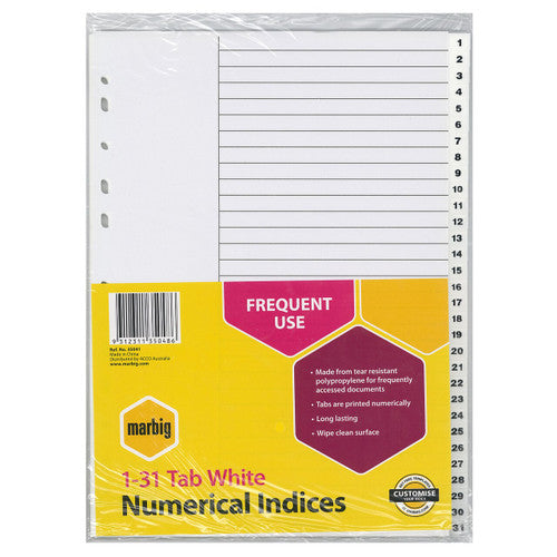 Marbig A4 white polypropylene indices and dividers with 1-31 numbered tabs