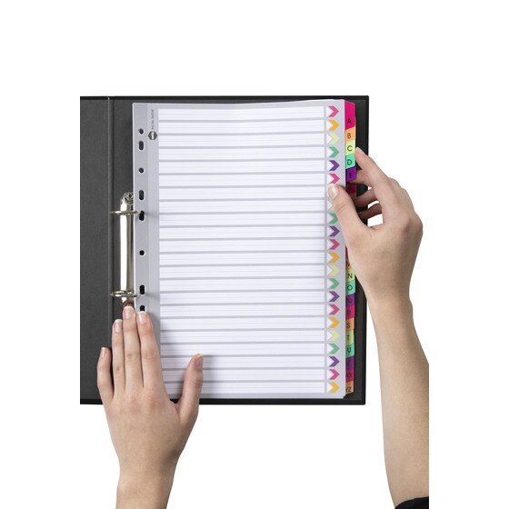 Hand turning a fluoro lettered tab in a Marbig A to Z fluoro reinforced divider set filed in a black 2 ring binder
