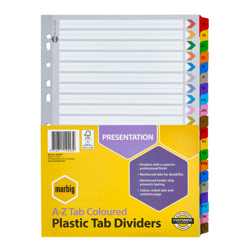 Marbig A-Z Tab Coloured Plastic Tab Dividers in their yellow and purple pack, showing the lettered coloured tabs down the right edge
