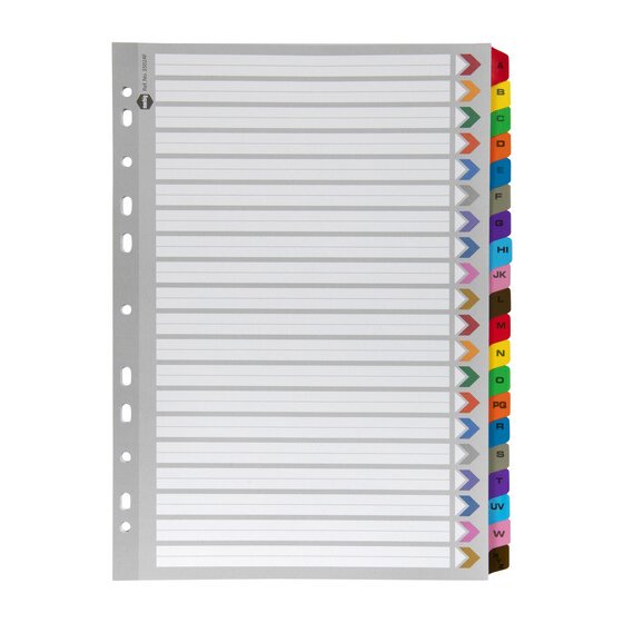 Marbig 35024F A4 divider set in grey manilla board with 20 coloured plastic reinforced tabs lettered A to XYZ and white write-on panels