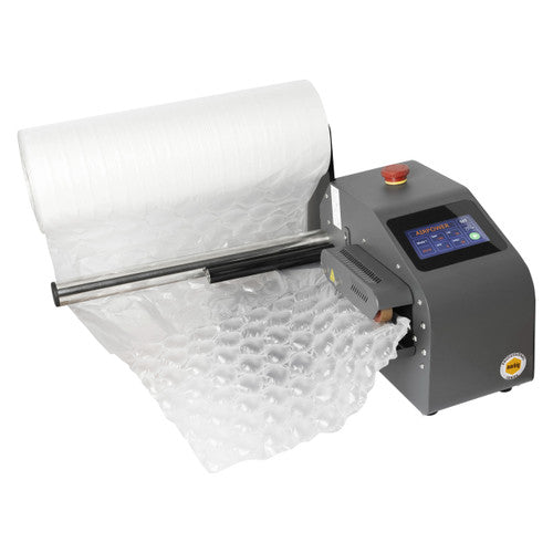 Marbig Professional A200 air cushion machine with a film roll loaded, feeding out a length of inflated bubble film