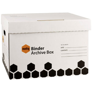 Marbig Binder Archive Box 800500 in white with black hexagon print, lid closed, showing the Marbig logo and the date and contents write-on panel