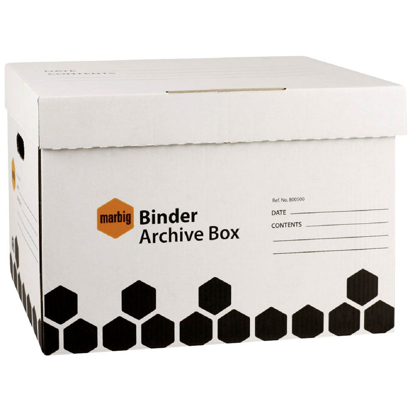 Marbig Binder Archive Box 800500 in white with black hexagon print, lid closed, showing the Marbig logo and the date and contents write-on panel