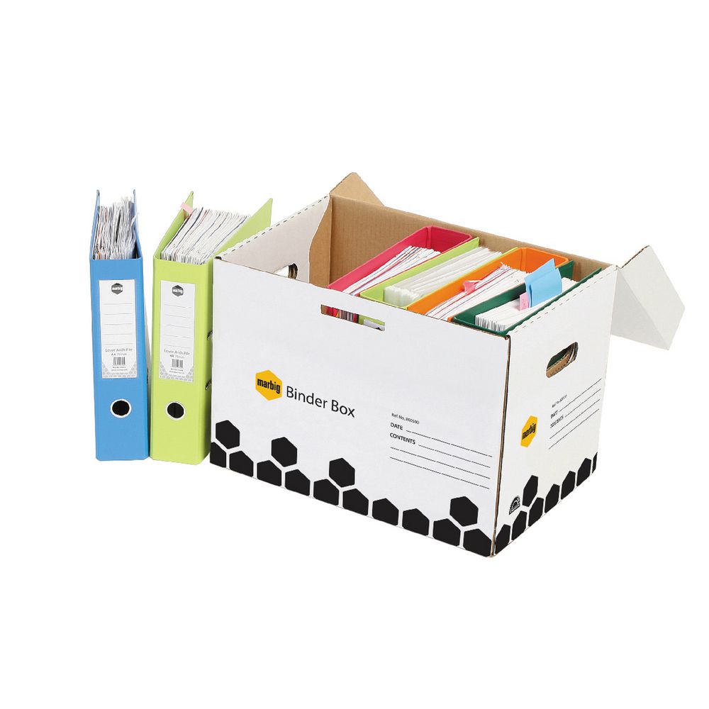 Marbig Binder Archive Box open with its hinged lid raised and filled with coloured files, beside a blue and a green lever arch file