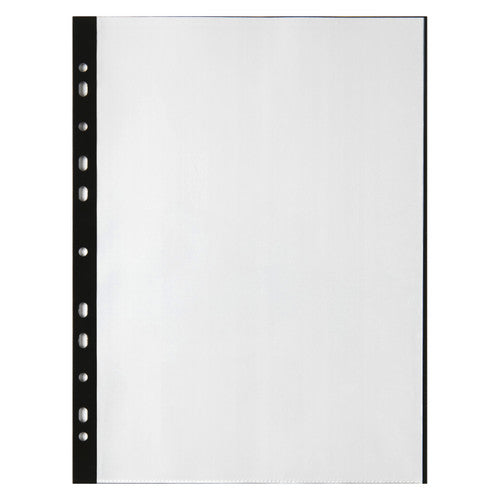 Marbig 22005 Bindermate A4 display book closed, clear front cover with a black binding strip punched with holes down the left edge