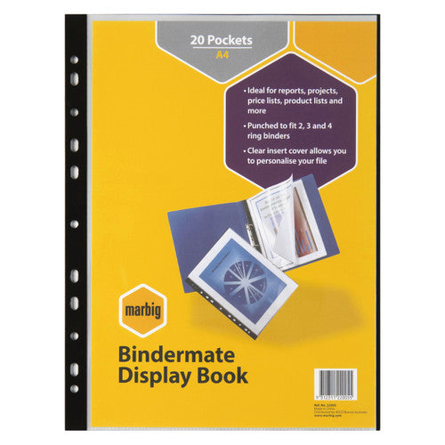 Marbig Bindermate display book with a yellow pack card reading 20 Pockets A4 and Punched to fit 2, 3 and 4 ring binders
