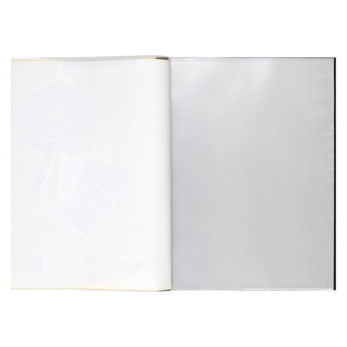 Marbig Bindermate display book lying open, clear front cover folded to the left and clear A4 pockets on the right