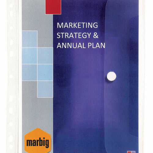 Clear Marbig binder wallet over a blue Marbig insert card, showing the punched strip on the left edge and the round quick touch fastener on the right