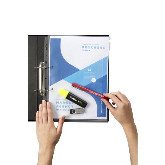 Clear Marbig A4 binder wallet on the rings of a black two ring binder, holding a brochure, highlighter, pen and USB stick, with a white quick touch dot on the right