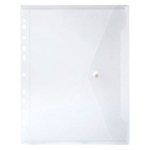 Frosted clear Marbig A4 binder wallet standing portrait, punched down the left edge, with a pointed flap folding in from the right side and fastened on a white button