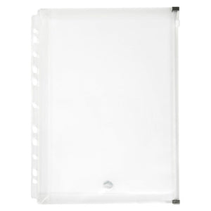 Empty clear Marbig A4 binder wallet standing portrait, with a punched strip down the left edge and a zip running down the right edge between two black stops