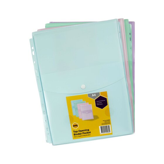 Marbig pastel binder wallets with the card label reading Top Opening Binder Pocket for 2, 3 and 4 ring binders