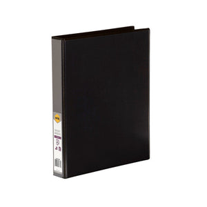 Black Marbig Clearview insert binder standing at an angle, with the orange marbig retail label and barcode on the 25mm spine