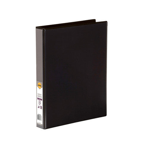 Black Marbig Clearview insert binder standing at an angle with the marbig retail label on its narrow spine