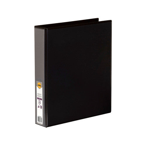 Black Marbig Clearview 38mm insert binder standing at an angle with the marbig retail label on the spine