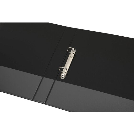 Black Marbig Clearview binder lying open, with two metal D rings fixed just inside the back cover and a clear panel along the lower edge