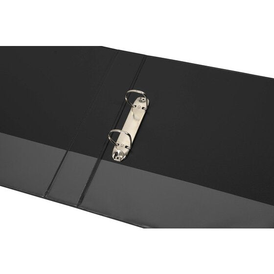 Black Marbig 5412002B binder lying open with two metal D rings on a short rail fixed inside the back cover