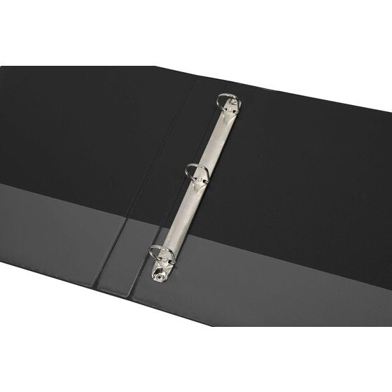 Black Marbig 5403002B binder lying open with three metal D rings along a rail fixed inside the back cover