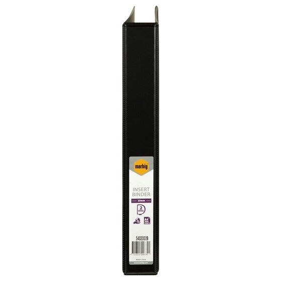 Spine of the black Marbig 5402002B binder with a label reading INSERT BINDER, 25mm, 2 RING, A4 200 SHEETS and Made in China