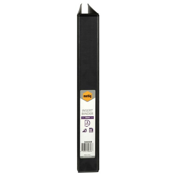 Black spine of the Marbig 5403002B insert binder with a label showing 25mm and a D symbol marked 3 ring