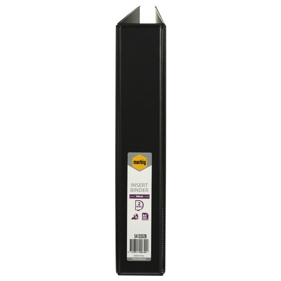 Black spine of Marbig 5412002B with a label reading INSERT BINDER, 38mm, 2 RING, A4 300 SHEETS and Made in China