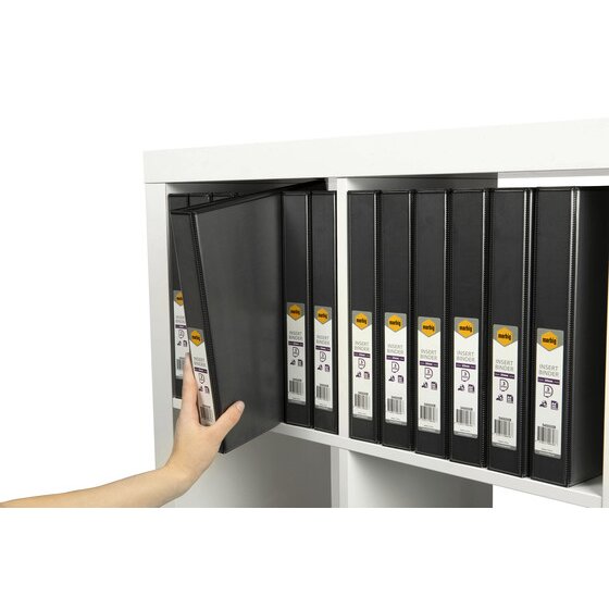 Hand pulling a black Marbig Clearview insert binder from a white shelf lined with labelled black binders