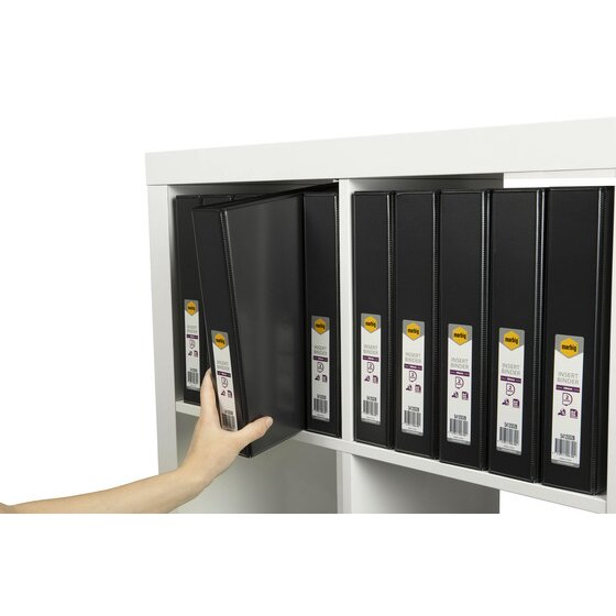 Hand sliding a black Marbig insert binder off a white shelf lined with matching labelled black binders
