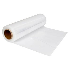 Marbig Professional clear blown hand pallet wrap roll on a brown cardboard core, with clear film unrolled across a white background