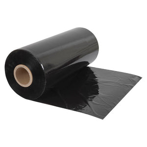 Roll of Marbig Professional black blown machine stretch film on a brown cardboard core with a length of film drawn out flat