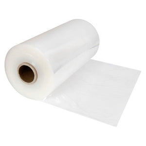 Roll of Marbig Professional clear blown machine stretch film on a cardboard core with a length of film unrolled in front