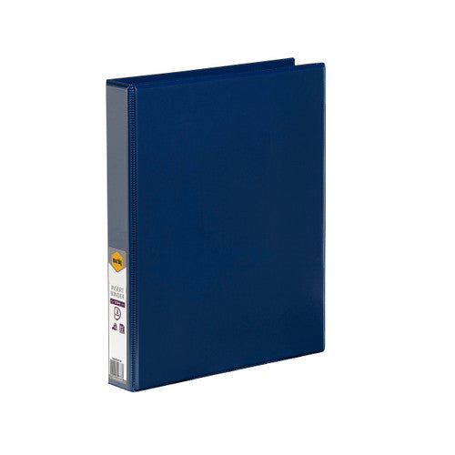 Navy blue Marbig Clearview 25mm insert binder standing at an angle with the marbig retail label on its spine
