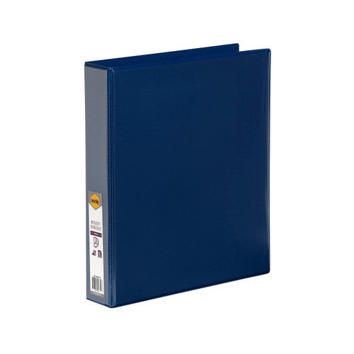 Navy blue Marbig Clearview 38mm insert binder standing at an angle, with the marbig label on its spine