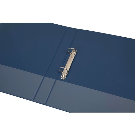 Navy Marbig Clearview binder opened flat with a two ring metal mechanism fixed just inside the back cover
